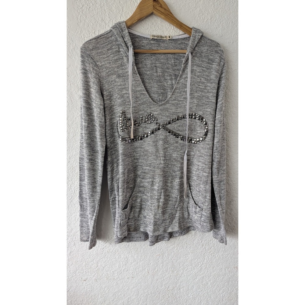 Chance or Fate Womens Gray Studded Love Infinity V-Neck Hoodie‎ Size M